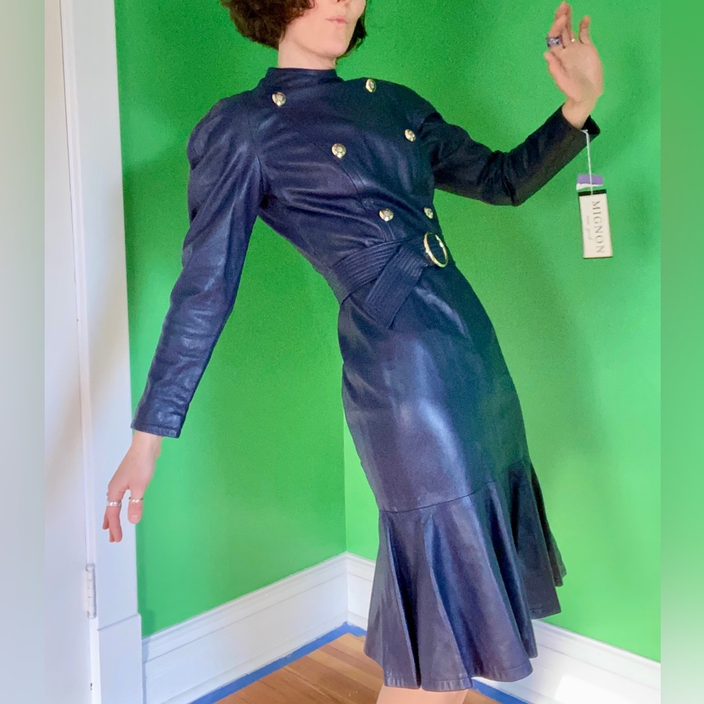 Vintage new 90s Mignon genuine leather blue purple belted long sleeve dress